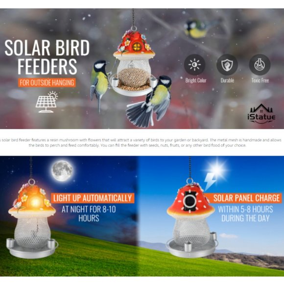 Large Solar Cell/ Metal Mesh/ Mushroom-Shaped Rasin Bird Feeder for Outdoors - Picture 8 of 12